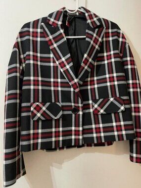 Imperial Plaid Blazer Black Red White Single Button Cropped - Estimated M